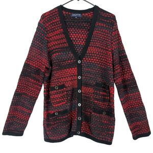 Jones New York Signature Red Black Textured Knit Cardigan Sweater XL Button
